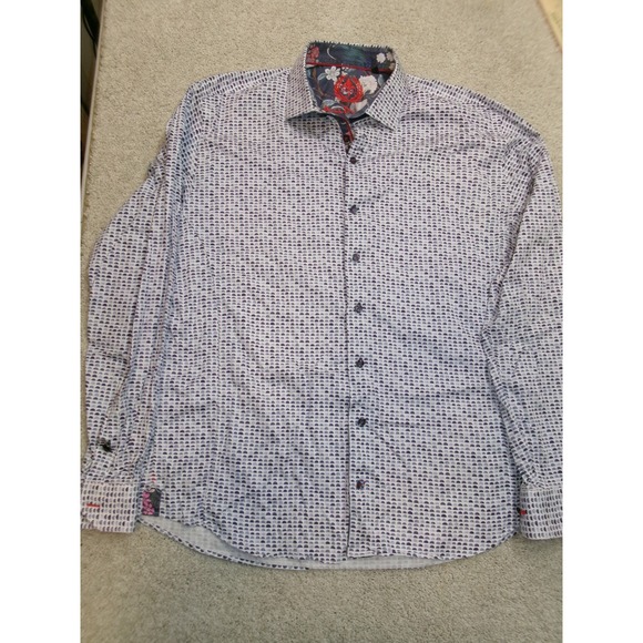 Au Noir Other - Au Noir Mens Blue Geometric Print Long Sleeve Button Down Shirt Floral Trim L